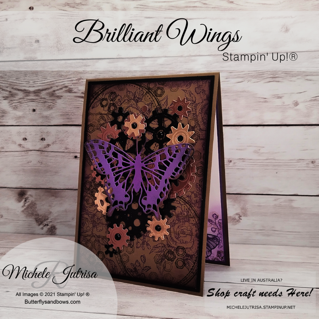 Stampin' Up! Products including Brilliant Wings Dies, Garage Gears Dies, Geared Up Garage Stamps, Swirly Frames stamps, Fancy Phrases stamps.