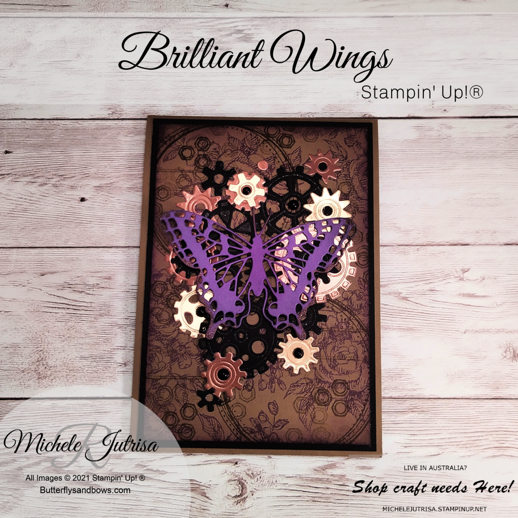 Stampin' Up! Products including Brilliant Wings Dies, Garage Gears Dies, Geared Up Garage Stamps, Swirly Frames stamps, Fancy Phrases stamps.