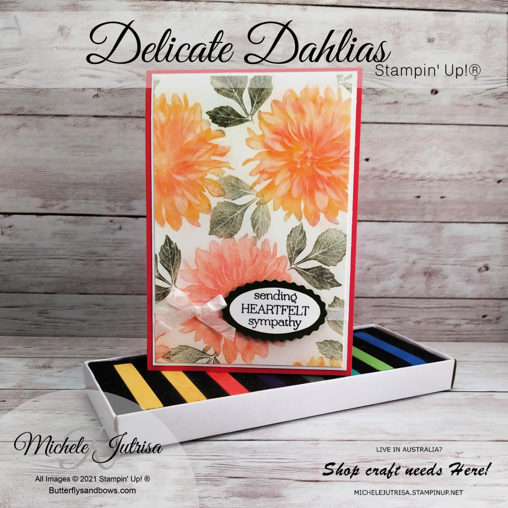Delicate Dahlias by Stampin' Up!. Stamped in VersaMark and coloured with the Stampin' Up! Soft Pastels Assortment